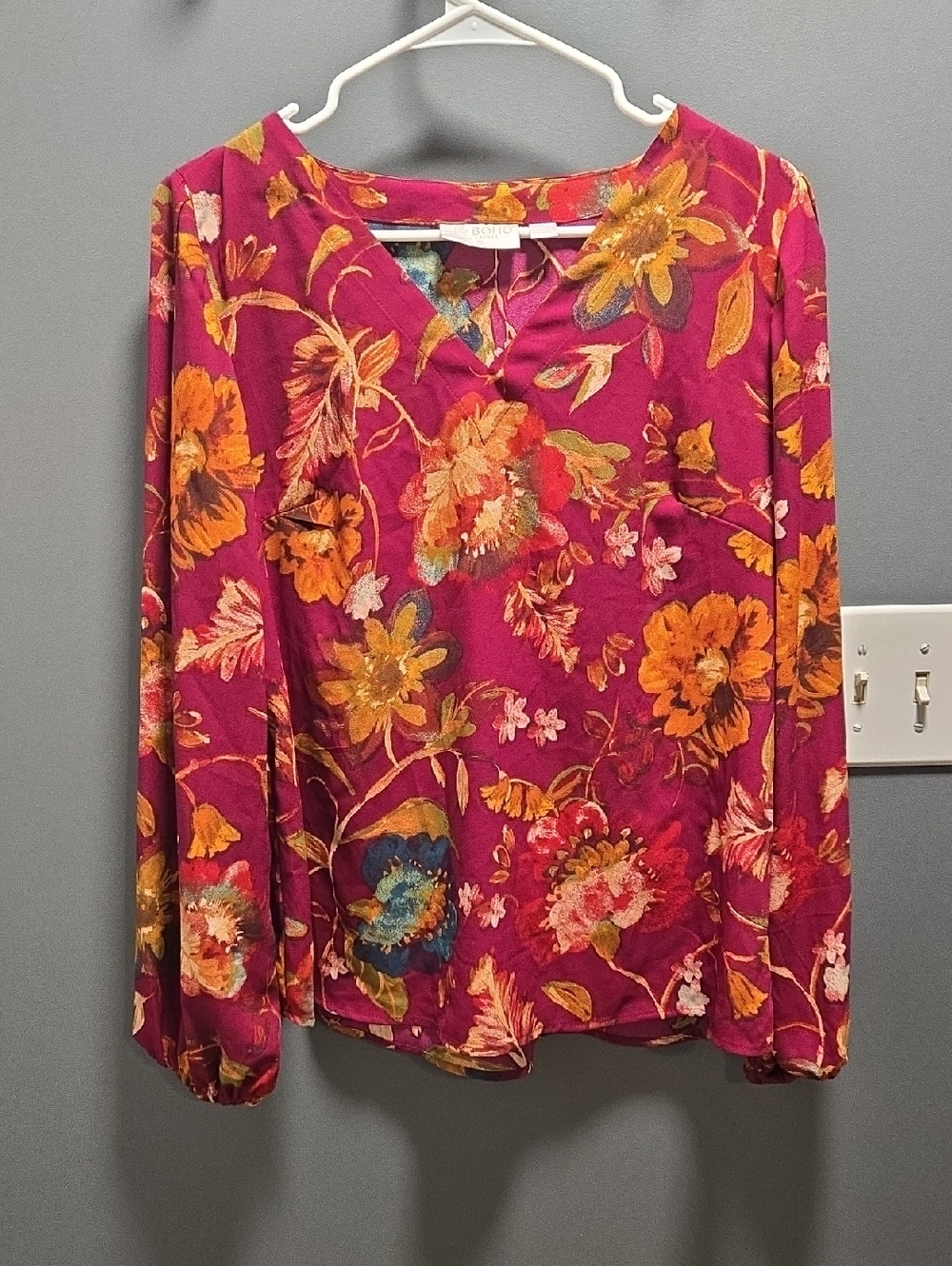 Boho Wine Red Floral Blouse with Long Sleeves
